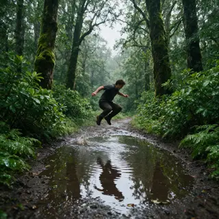 A man captured mid-jump over a puddle, body in the air with 