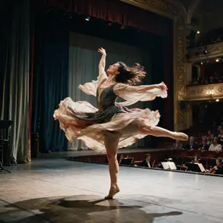 A dancer in a dynamic spin, dress flowing outward with one l