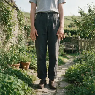 A person standing with both hands visible at their sides, fi