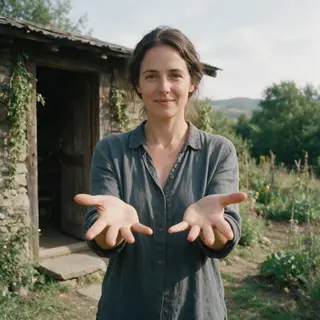 A woman holding her hands out in front of her palms-up, all 