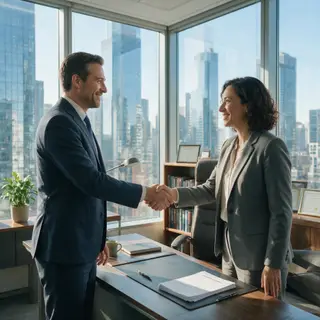 Two people shaking hands in a professional setting, all fing