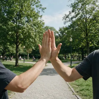 Two people doing a high-five, palms meeting with all fingers
