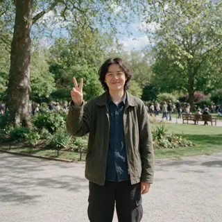 A person making a peace sign with their right hand, clearly 