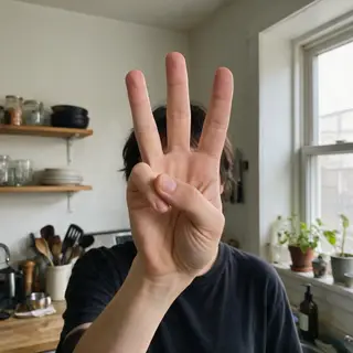 A person counting to three on their fingers, with index, mid