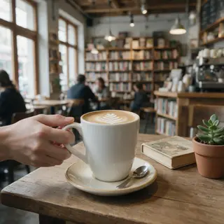 A person holding a white ceramic coffee mug by the handle wi