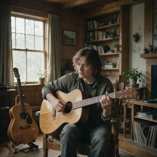 A person playing an acoustic guitar with left hand on the fr