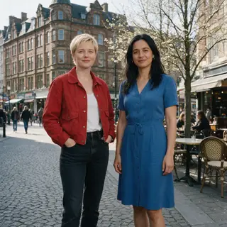 Two women standing side by side: one with short blonde hair 