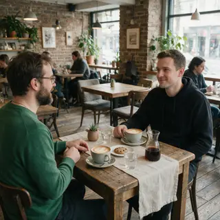 Two men at a cafe: one with a beard and glasses wearing a gr