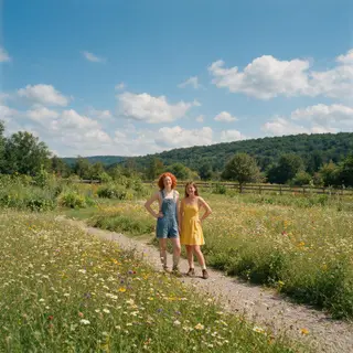 Two friends posing: one tall with curly red hair in denim ov