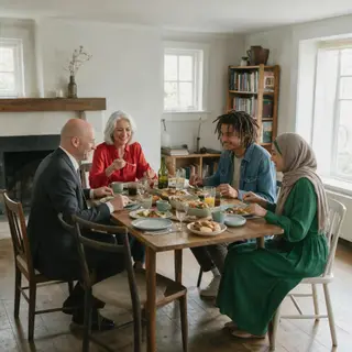 Four people at a dinner table: a bald man in a suit, a woman