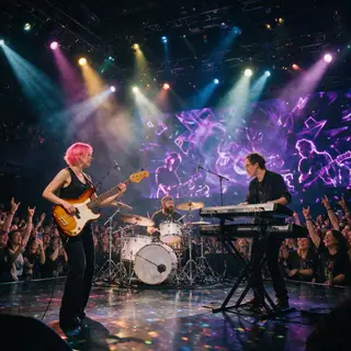 Three musicians on stage: a tall woman with short pink hair 
