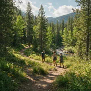 Three hikers on a trail: a man with a backpack and sunhat, a