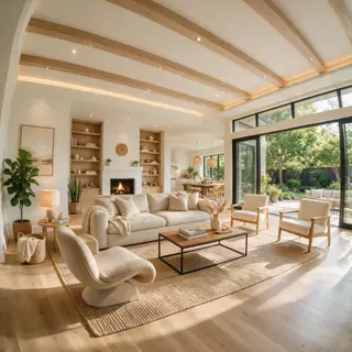 A wide-angle shot of a modern living room interior showing e