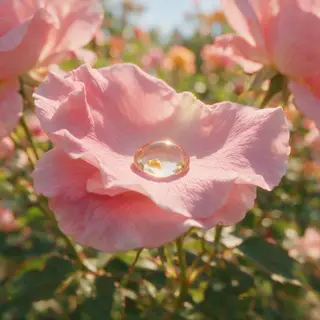 A close-up macro shot of a single dewdrop on a rose petal, s