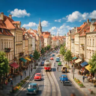 A tilt-shift photograph of a city street making real-life lo