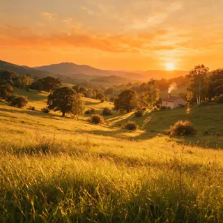 A landscape photograph bathed in golden hour light — long wa