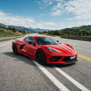 A bright red sports car parked on a gray asphalt road — the 