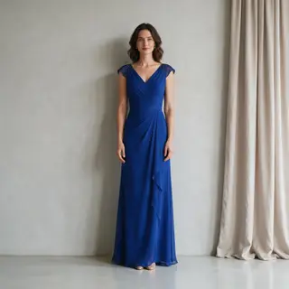 A woman wearing a royal blue evening dress against a neutral