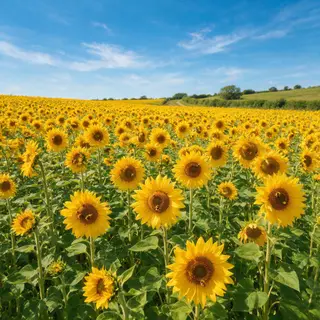 A field of pure sunflower yellow flowers under a clear blue 
