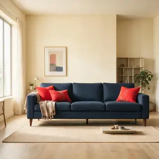 A minimalist room with walls in #F5E6CC (warm cream), a sofa