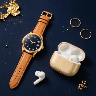 A product flat-lay on a #1A1A2E (deep dark blue) background,