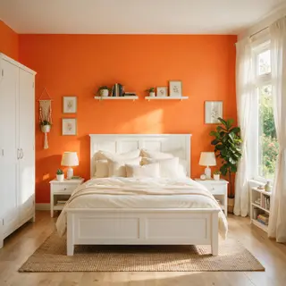 A bedroom wall painted in #FF6B35 (burnt orange) with white 