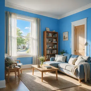 A room with walls in #4A90D9 (medium blue) with warm wooden 