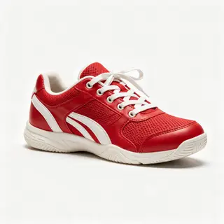 A single red sneaker on a clean white background with soft s
