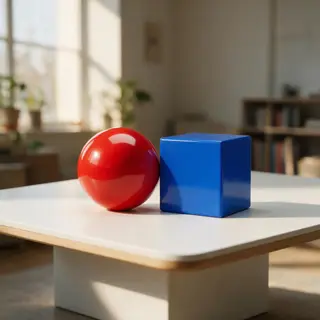 A red ball and a blue cube sitting side by side on a white s
