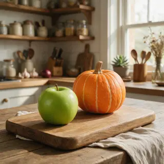 A green apple and an orange pumpkin on a wooden cutting boar