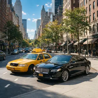 A yellow taxi and a black limousine parked next to each othe