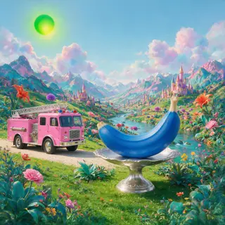 A pink fire truck, a blue banana, and a green sun in a surre