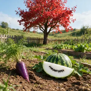 A purple carrot, a red tree with red leaves, and a white wat
