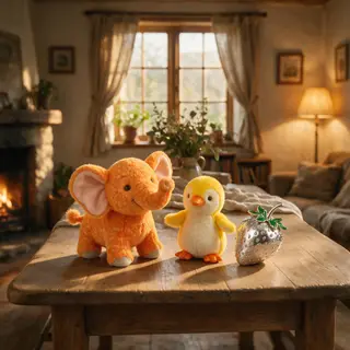 An orange elephant, a yellow penguin, and a silver strawberr