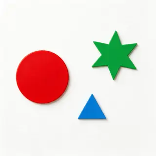 A large red circle, a small blue triangle, and a medium gree