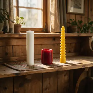 A tall thin white candle, a short fat red candle, and a medi