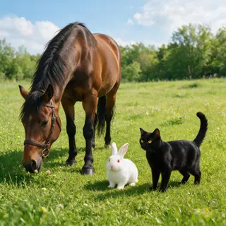 A big brown horse, a small white rabbit, and a medium-sized 