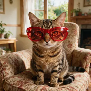 A tabby cat wearing oversized red sunglasses