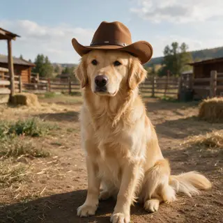 A golden retriever wearing a tiny cowboy hat