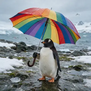A penguin holding a colorful umbrella