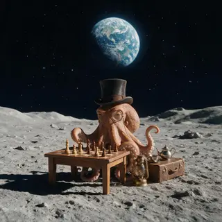 An octopus wearing a top hat and monocle playing chess on th