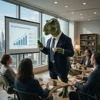 A dinosaur in a business suit giving a PowerPoint presentati