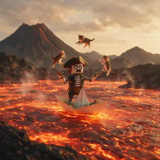 A robot dressed as a pirate sailing a paper boat on a lake o