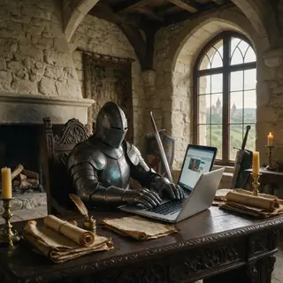 A medieval knight in full armor sitting at a desk typing on 