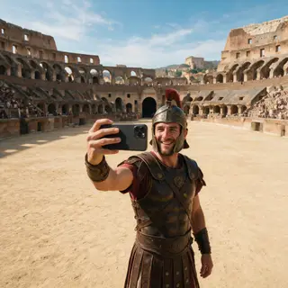 A Roman gladiator taking a selfie with a smartphone in the C