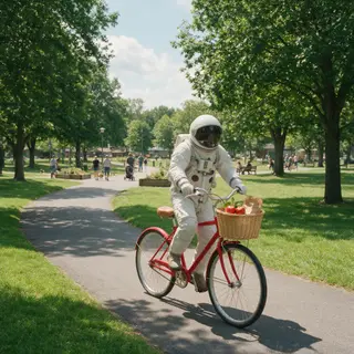 An astronaut in a spacesuit riding a bicycle through a park