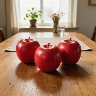 Exactly 3 red apples arranged on a wooden table