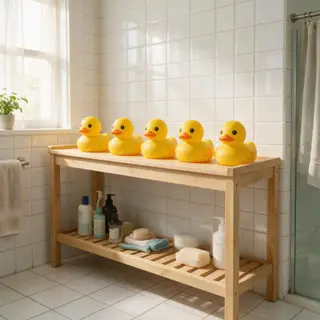Exactly 5 yellow rubber ducks sitting in a row on a bathroom