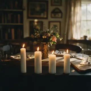 Exactly 4 white candles standing on a dark surface