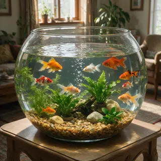 Exactly 9 goldfish swimming in a large round fishbowl